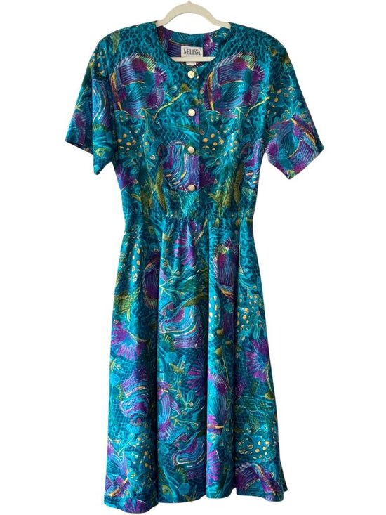 Melissa Dresses & Skirts - Vintage 80s Melissa Teal Abstract Tropical Print Midi Dress Pockets - Large